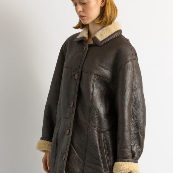 80s Western Sheepskin Coat, Size L Brown Shearling Coat Vintage Leather Jacket - Picture 5 of 16